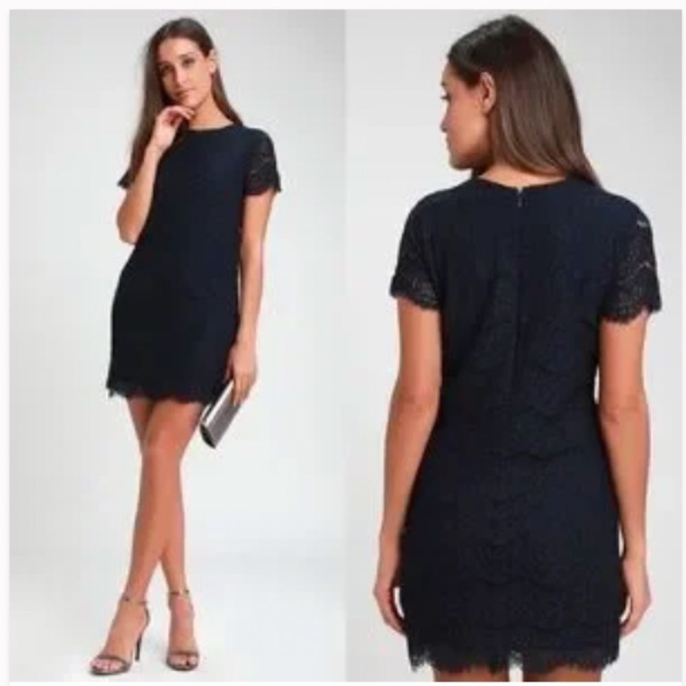 Lulu's Navy Lace Short Sleeve Shift Mini Dress